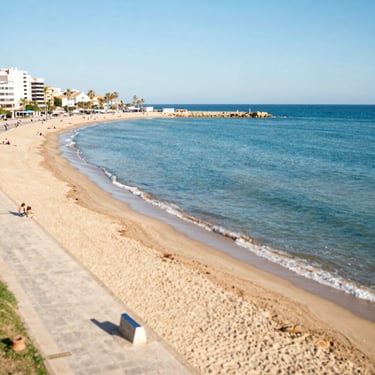 Sunny aerial view of Los Alcázares beach and promenade, calm blue sea of Mar Menor, bright Mediterranean day