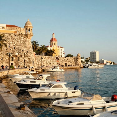 Historic harbor of Cartagena with old stone walls and modern boats docked under golden sunlight