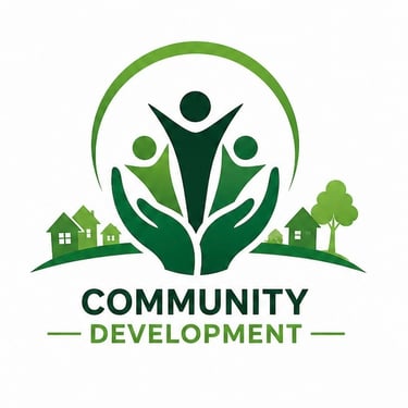 Green community development logo featuring human figures in cupped hands with house and tree icons.