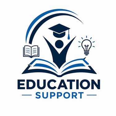 Education support logo featuring a graduate icon, open book, and light bulb in blue and white.