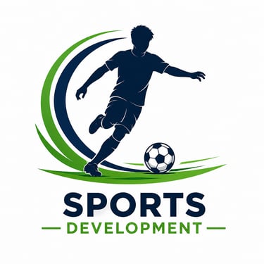 Sports development logo featuring a soccer player silhouette kicking a ball with green swoosh accents.
