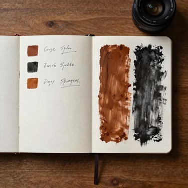 Small sketchbook page open flat, process marks showing colour tests and notation in pencil, a swatch of burnt sienna and charcoal on the right leaf, side-lit on a wooden desk surface