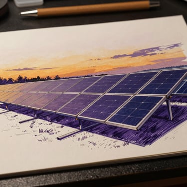 Finished illustration study of a solar panel field at dusk rendered in hand-drawn ink, warm amber sky above, deep violet shadows between rows, visible brushwork and linework on textured paper, photographed flat under even studio light
