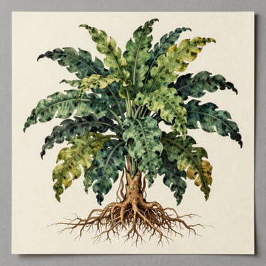 Large finished botanical illustration on heavyweight cream paper, dense hand-drawn plant forms with roots exposed, layered ink washes in deep forest green and raw umber, the full sheet photographed flat under soft diffuse studio light with slight shadow at top edge
