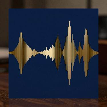 Elegant album artwork mockup for a modern business jingle, featuring abstract golden soundwaves on a dark blue background, premium corporate style, 35mm