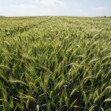 Expansive green agricultural fields of wheat waving in the wind under a bright sky, fertile soil