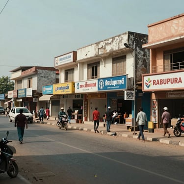 A street view of a developing town center in Rabupura, neat commercial storefronts, active local life