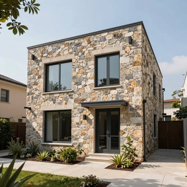 Contemporary independent villa architecture with a stone facade, small front garden, bright natural daylight