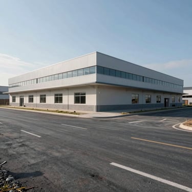 A vacant commercial plot corner facing a wide asphalt road, ready for construction, bright daylight