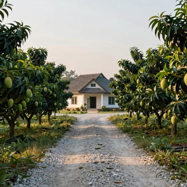 A serene countryside farmhouse surrounded by lush mango orchards and a clean gravel path, soft morning sun