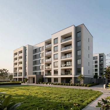 Modern low-rise residential apartment complex in Greater Noida, clean lines, manicured lawns, natural afternoon daylight