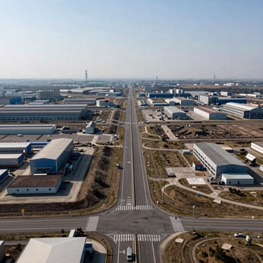 A vast cleared industrial land tract near a highway, power lines in the distance, wide environmental shot