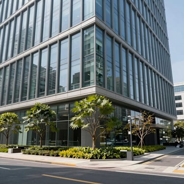 A modern glass-fronted corporate office building exterior, professional landscaping, high-contrast daylight