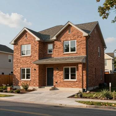 A newly constructed independent brick house in a suburban sector, paved driveway, natural lighting
