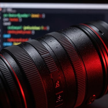 Macro detail of a high-end camera lens capturing code on a screen, high contrast studio photography, dramatic red and black lighting, 50mm