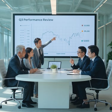 Strategic meeting evaluating corporate performance and analytics.