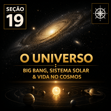 Capa da “Seção 19 - O Universo”, com fundo preto e detalhes dourados.