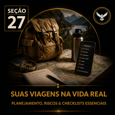 Capa da “Seção 27 - Suas Viagens na Vida Real”, com fundo preto e detalhes dourados.