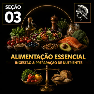 Capa da “Seção 03 – Alimentação Essencial”, com fundo preto e detalhes dourados.