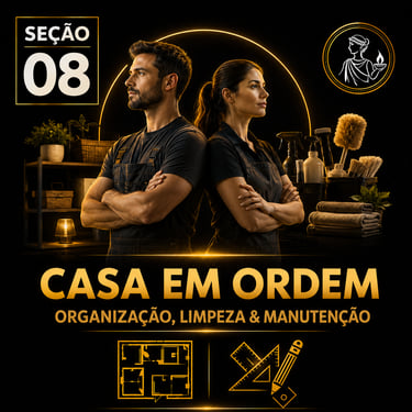 Capa da “Seção 08 – Casa em Ordem”, com fundo preto e detalhes dourados.