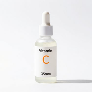 clean product shot of a facial serum with Vitamin C, bright high-key natural light, clean white background, sharp focus, 35mm