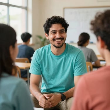 Portrait of a male technology mentor smiling in a community center, warm natural lighting, candid 35mm