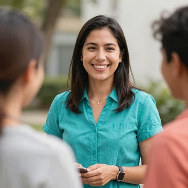 Friendly portrait of a female community coordinator smiling, outdoor natural light, warm editorial style