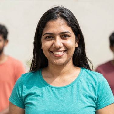 Portrait of a female digital inclusion advocate smiling warmly, bright natural daylight, 35mm photography