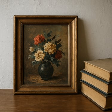 Medium-close shot of a small framed oil painting leaning against a plaster wall beside stacked hardcover books, soft diffuse light from a nearby window, visible brushwork and aged frame