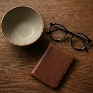 Close-up overhead study of a ceramic bowl, a pair of reading glasses, and a small leather-bound notebook arranged on a worn oak surface, diffuse daylight, visible patina and grain
