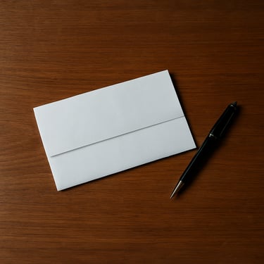 Overhead close-up of a wooden writing desk cleared to near-empty, a single folded document and a pen resting on the surface, natural north-facing window light, quiet and formal