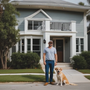 Image showing a technician power washing a patio with lush green lawn in the background.