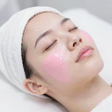 Close-up of a luxurious skin treatment, white sterile environment, soft pink lighting reflections, premium cosmetic product being applied gently