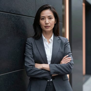 A portrait of a confident professional woman in a North American / US corporate environment, wearing a sleek blazer, standing against a dark architectural wall with rose-gold light accents.