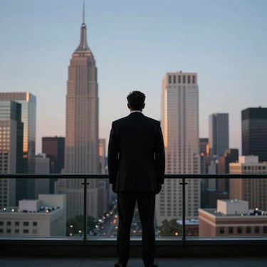 A silhouette of a leader standing on a balcony overlooking a North American / US financial district at dusk, symbolizing the authority and oversight of The Diamond General.