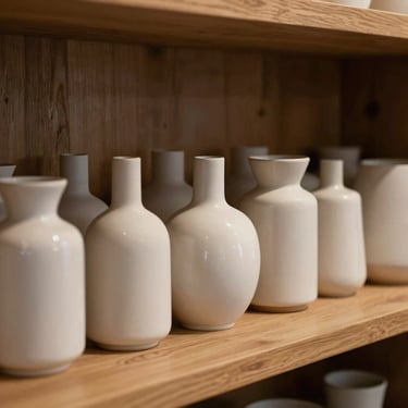 A neatly arranged row of finished minimalist ceramic vessels on a warm wooden shelf, soft shadows