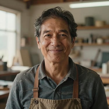 Dignified portrait of a craftmaker smiling softly, warm Southern California daylight, workshop background out of focus