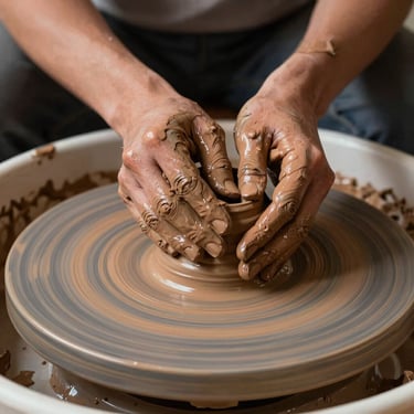 A close-up of natural terracotta clay being shaped on a potter wheel, hands covered in wet clay, warm diffused light