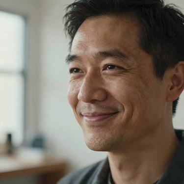 A close-up portrait of a maker smiling softly in a bright Los Angeles studio, warm natural light, soft focus background.