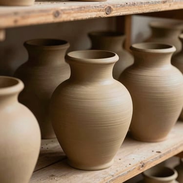A close-up of natural clay vessels drying on a rustic wooden shelf, warm daylight casting soft shadows.