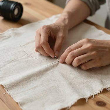 Hands with clear focus hand-stitching a heavy linen textile on a clean wooden table, diffused side light.