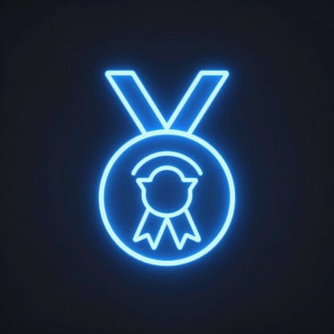 Minimalist neon blue medal icon representing achievement and quality on a dark background.