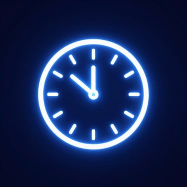 Neon blue clock icon showing three o'clock on a dark blue background.