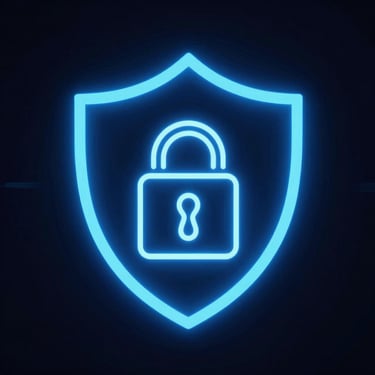 Neon blue shield icon on a dark background representing data security and digital protection.