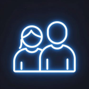 Neon blue outline icon of two people representing a team or community on a dark background.