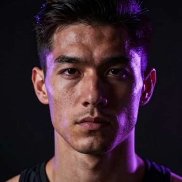 High-contrast close-up portrait of a male athlete in a dark studio, illuminated by sharp purple rim light, moody low-key photography