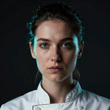 High-contrast close-up portrait of a female chef in a dark studio, illuminated by sharp cyan rim light, moody low-key photography
