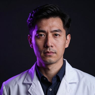 High-contrast close-up portrait of a male scientist in a dark studio, illuminated by sharp purple rim light, moody low-key photography