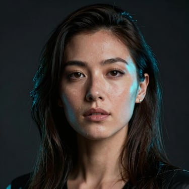 High-contrast close-up portrait of a female musician in a dark studio, illuminated by sharp cyan rim light, moody low-key photography
