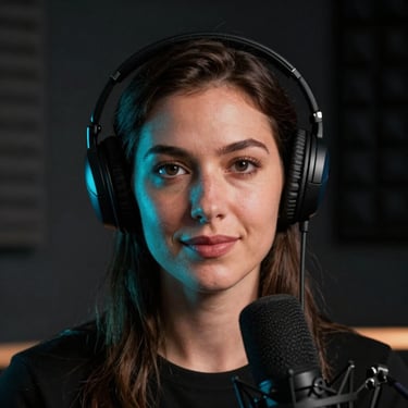High-contrast close-up portrait of a creative woman in a dark podcast studio, illuminated by sharp cyan rim light, moody low-key photography